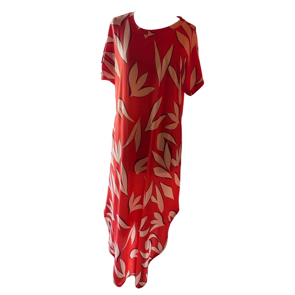 Unbranded Vintage Red Orange Tropical Leaf Print T-Shirt Maxi Dress Curved Hem